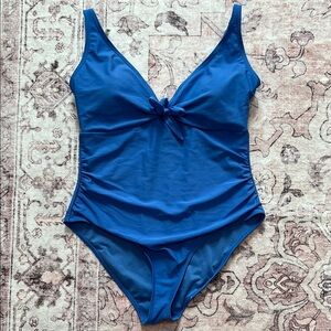Nicole Miller Blue One Piece Swimsuit with V-Neck and Bow Detail